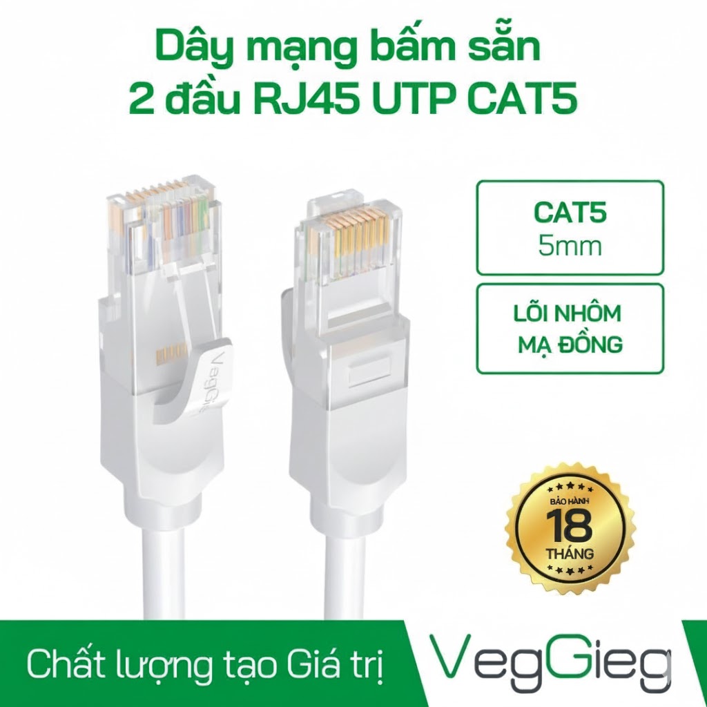 Dây cáp mạng đúc sãn Cat5e UTP dài 5M V-E515 Veggieg